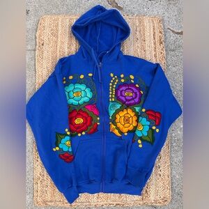Colorful Floral Blue Hoodie Mexican floral embroidery Men’s Large Unisex